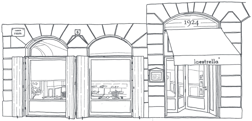 Il·lustració a mà de la façana del restaurant La Estrella 1924 al carrer d'Ocata, 6, al Born (Barcelona)